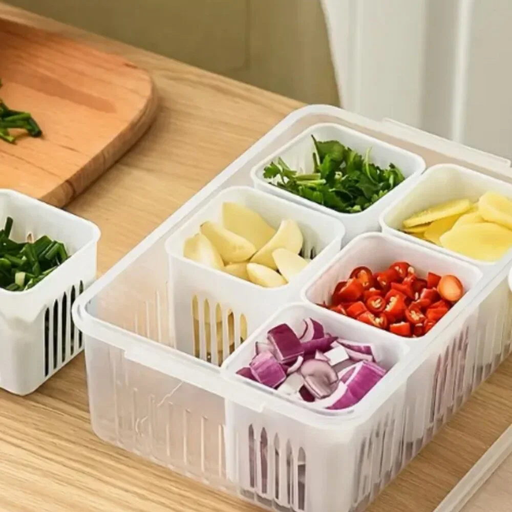 6-in-1 Kitchen Storage Box, 6 Grids Draining Crisper Portable